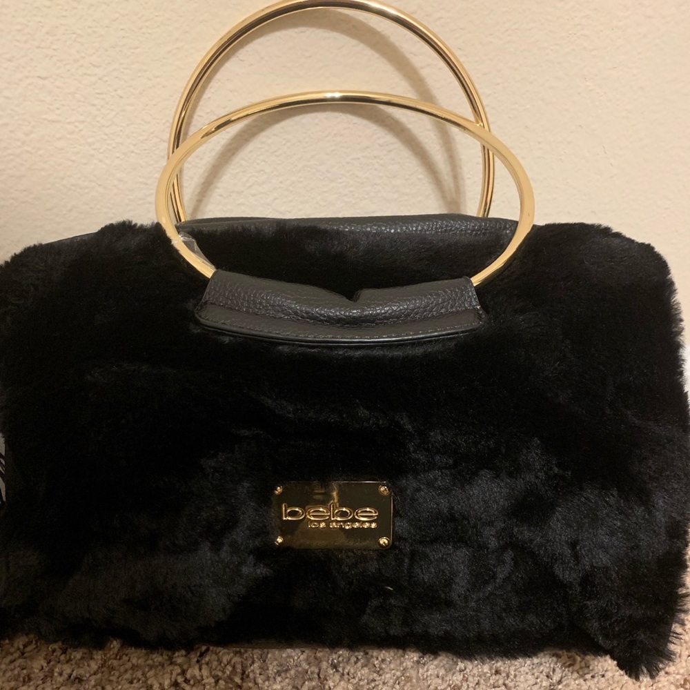 BeBe Black/Gold Faux Fur Top Handle Mini